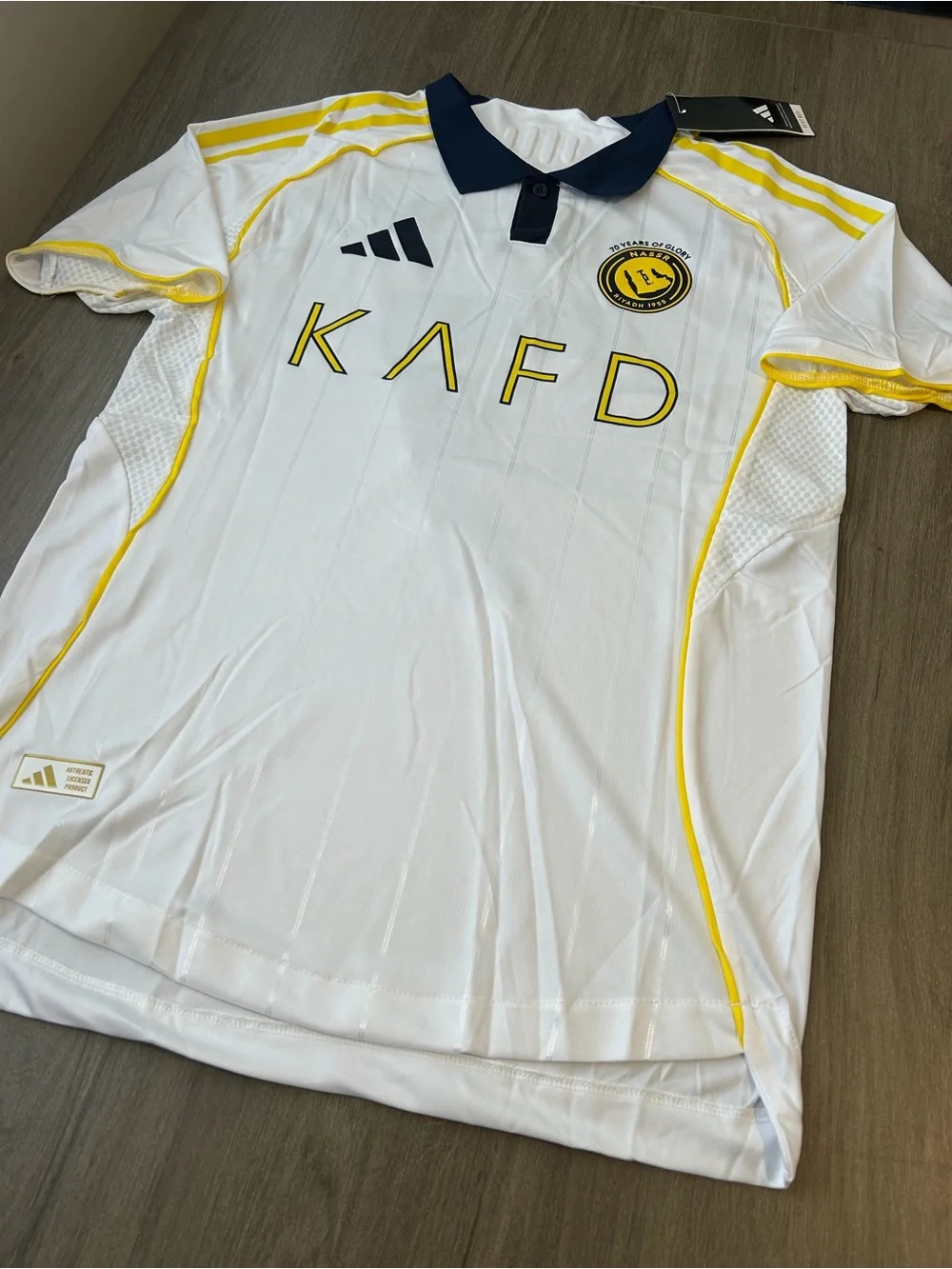 Al- Nassr adidas White, Yellow & Navy KAFD Men's Soccer Polo Jersey